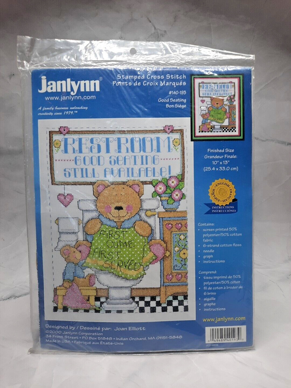 Vintage Janlynn Stamped Cross Stitch Kit Good Seating 140-193 10x13 Restroom